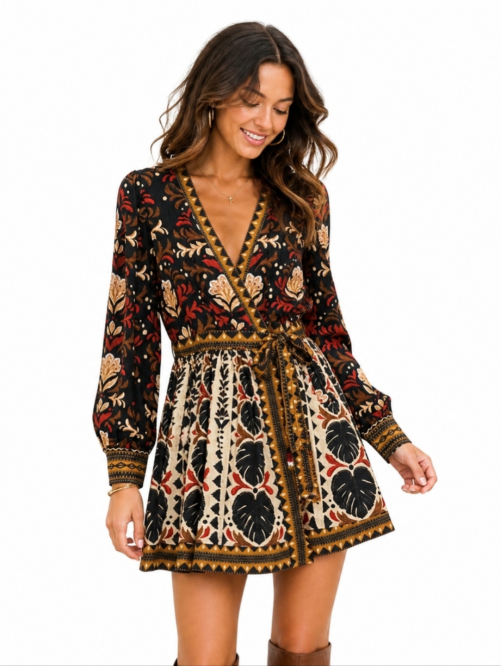 FARM Rio Tapestry Garden Wrap, V-Neck, Mini Dress Boho Style Size S
